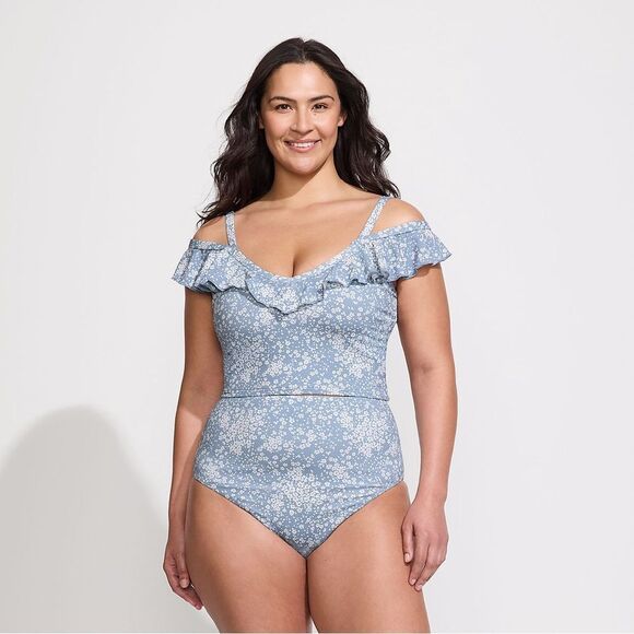 Land's End Two Piece Pique Ruffle Midkini and bottom Meadow Dixie floral Var - Picture 2 of 9